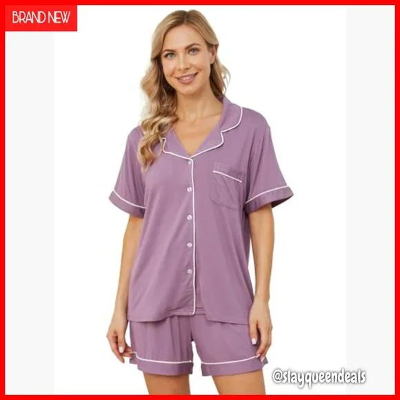Soft Short Sleeve Pajama Set with Pockets, Button Down, XS-XXL